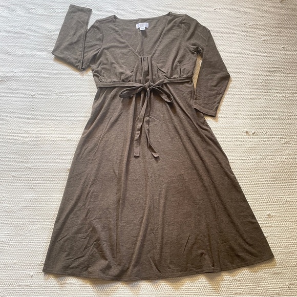 LOFT Dresses & Skirts - Ann Taylor LOFT Brown Stretchy Midi Tie Front Dress Side Zip 3/4 Sleeves Size 2P